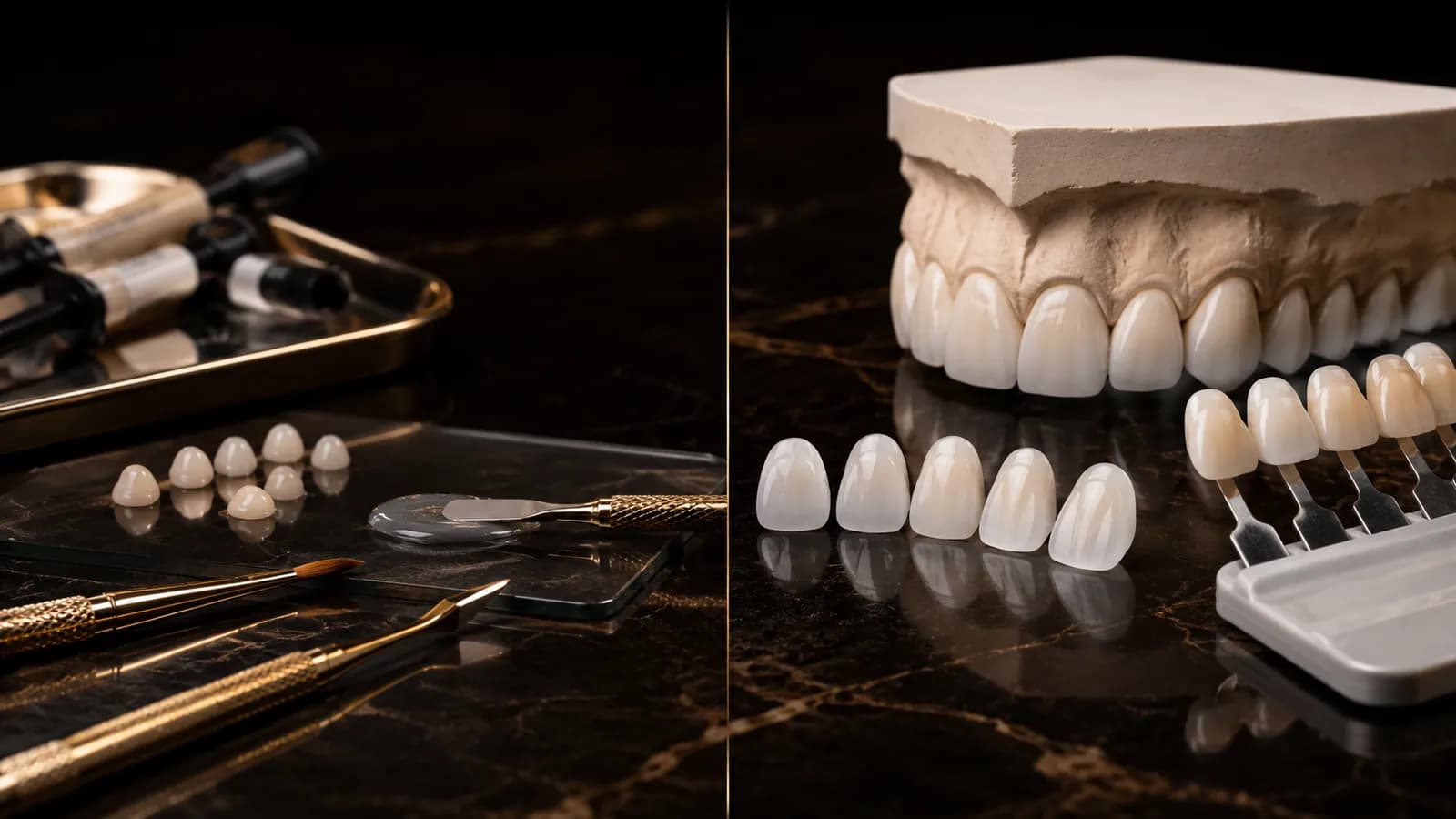 Narzędzia do bondingu kompozytowego obok pojedynczej licówki ceramicznej i wzornika porcelany - dwa różne rozwiązania pracy estetycznej w jednym kadrze.