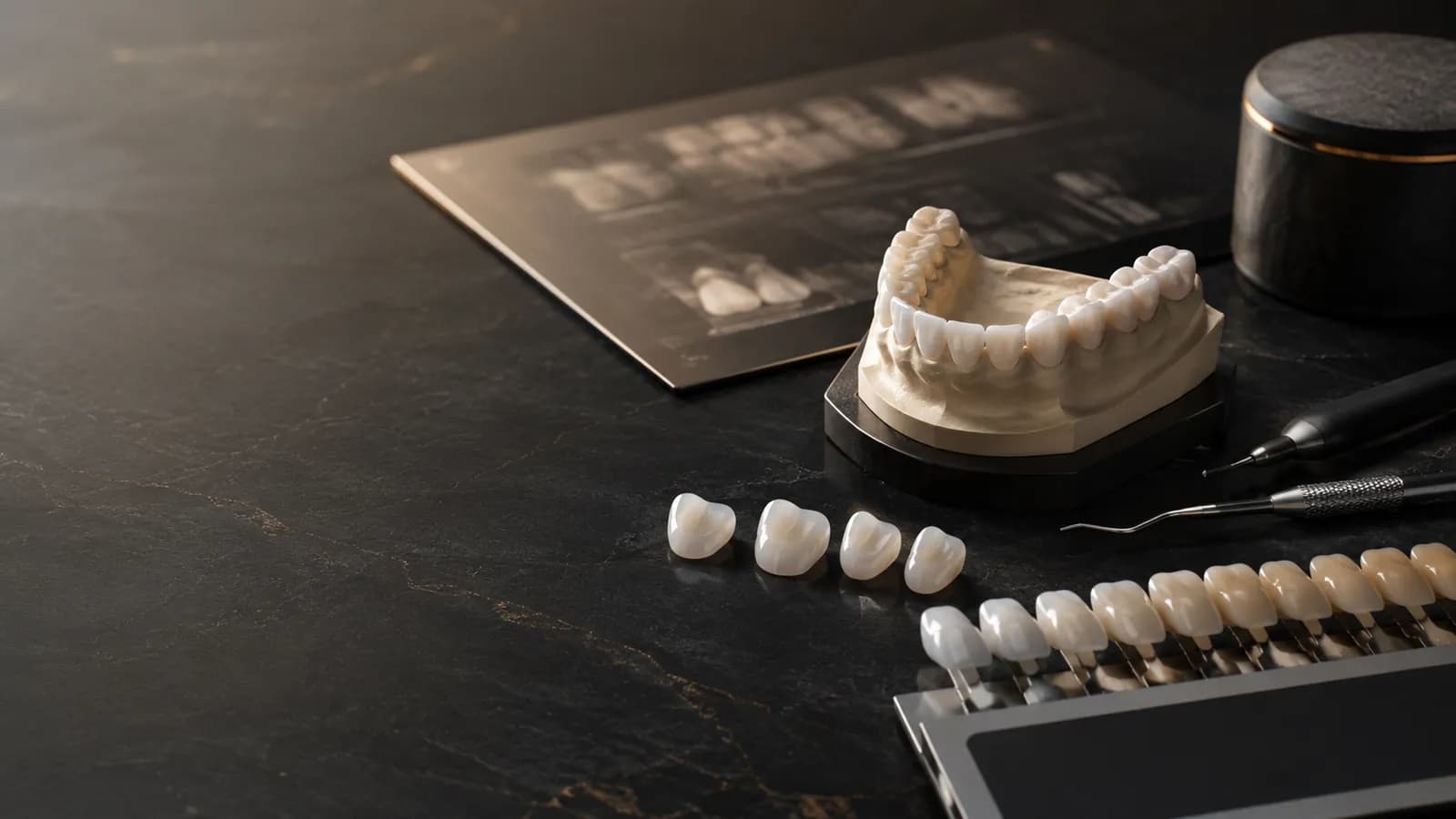 Model gipsowy zęba przy panoramicznej fotografii i zestawie kolornika porcelany - etap kosztorysowania pracy estetycznej.