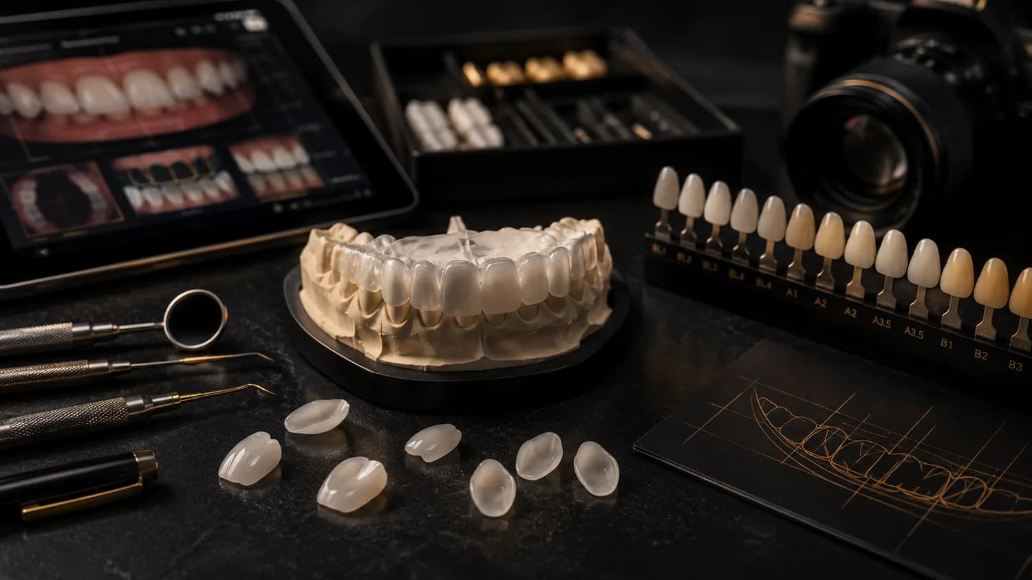 Model szczęki z analizą zgryzu, fotografie kliniczne i kolornik porcelany - narzędzia, na podstawie których powstaje indywidualny plan leczenia.