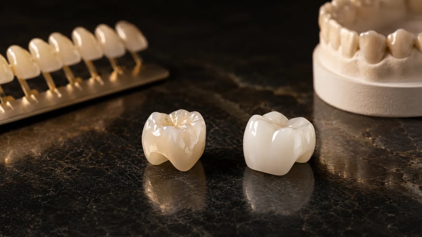 Dwie korony ceramiczne - pełnoceramiczna i cyrkonowa - na ciemnym blacie przy modelu gipsowym i kolorniku, dwa różne materiały w jednym kadrze.