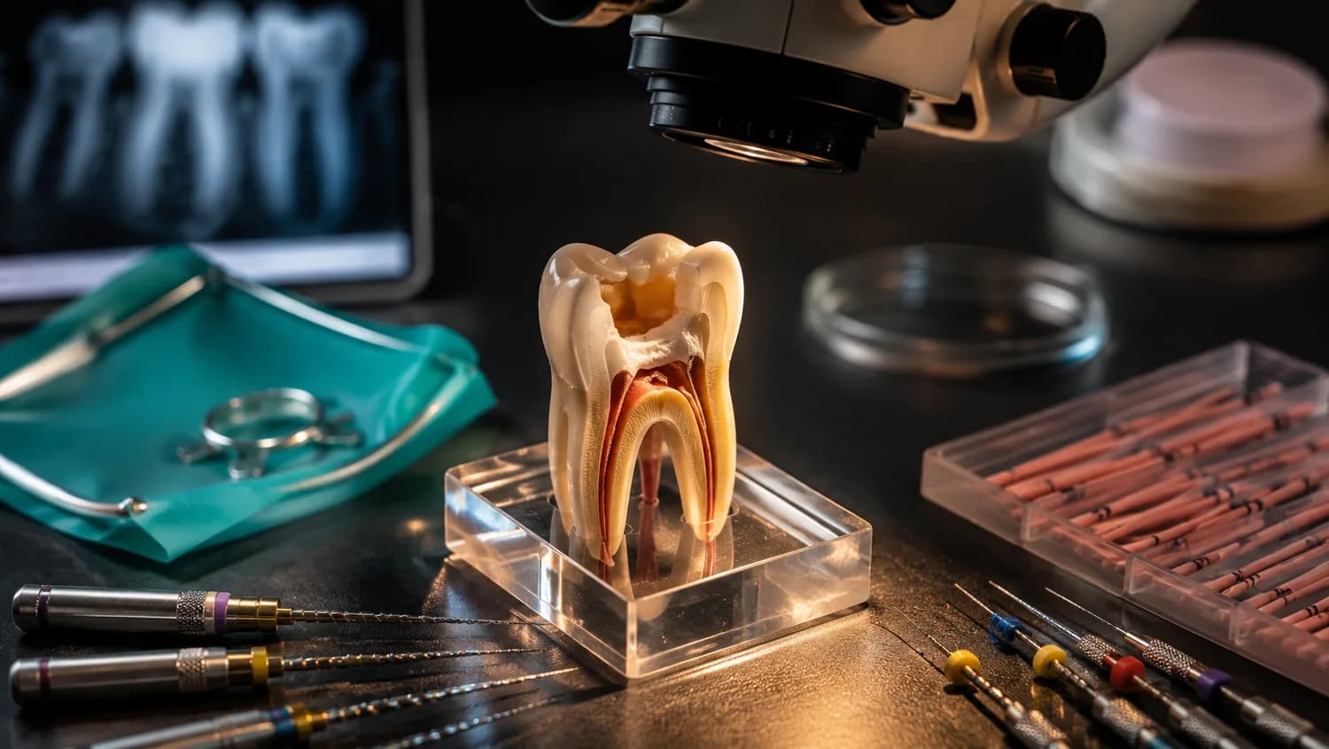 Model zęba w przekroju z widocznymi kanałami, obok narzędzia endodontyczne i zdjęcia RTG - sytuacja kliniczna, w której pracuje się pod mikroskopem.