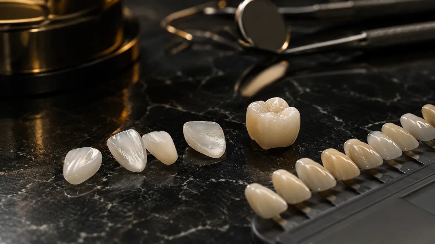 Pojedyncza licówka ceramiczna obok wzornika kolorów porcelany i narzędzi do dopasowania optyki - etap pracy laboratoryjnej nad estetyką brzegu siecznego.