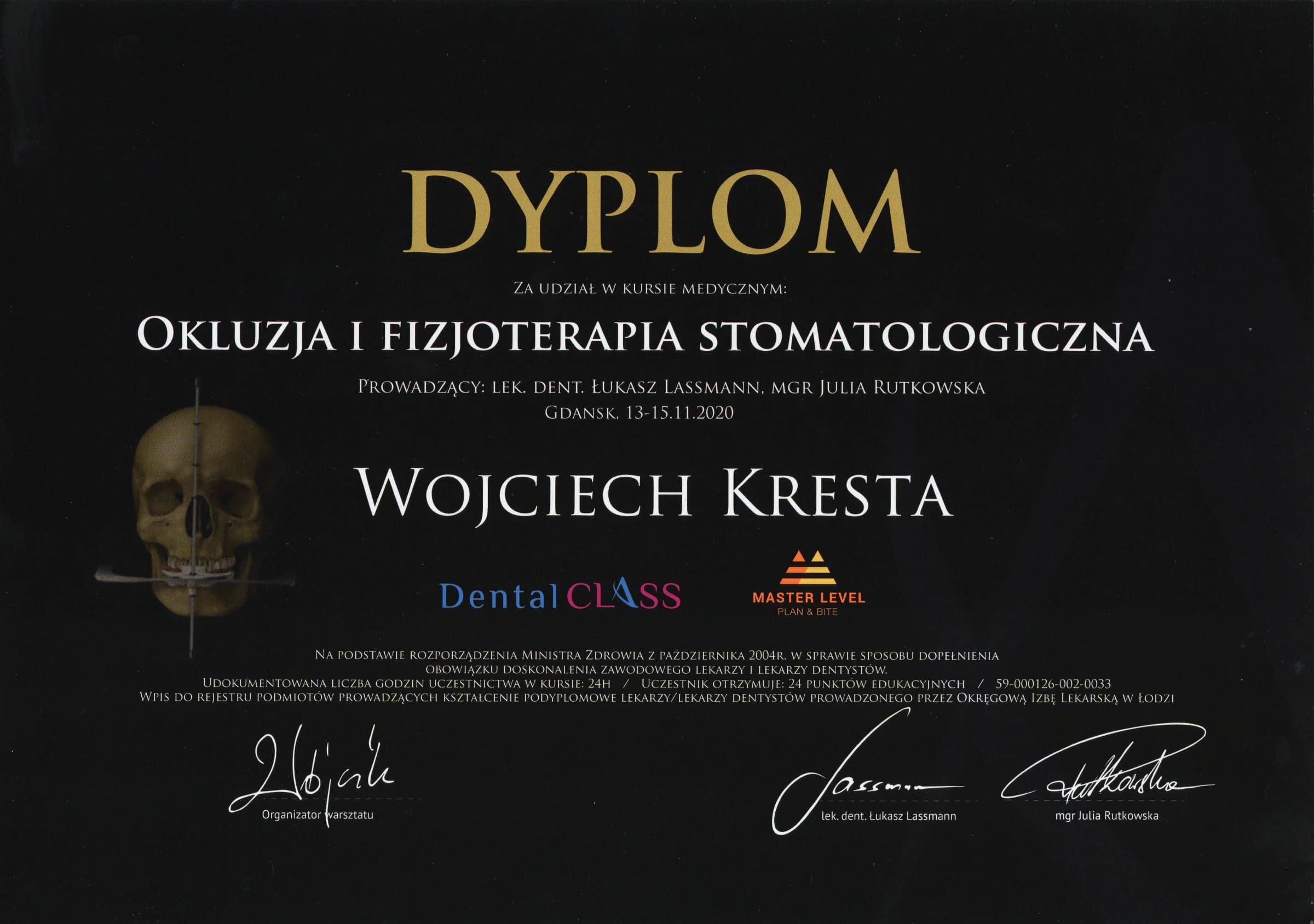 Certyfikat: okluzja i fizjoterapia stomatologiczna, 2020