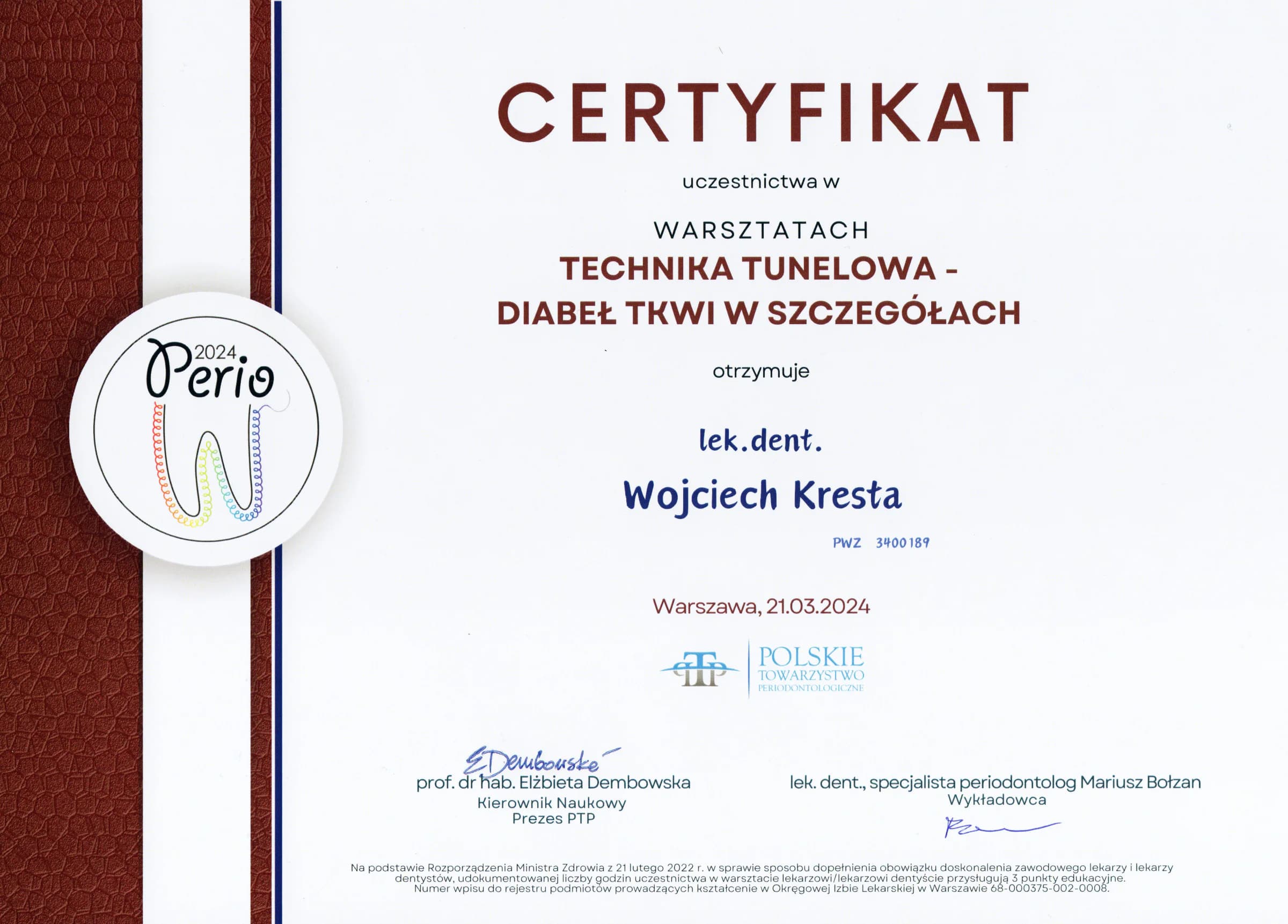 Certyfikat: periodontologia, technika tunelowa, 2024