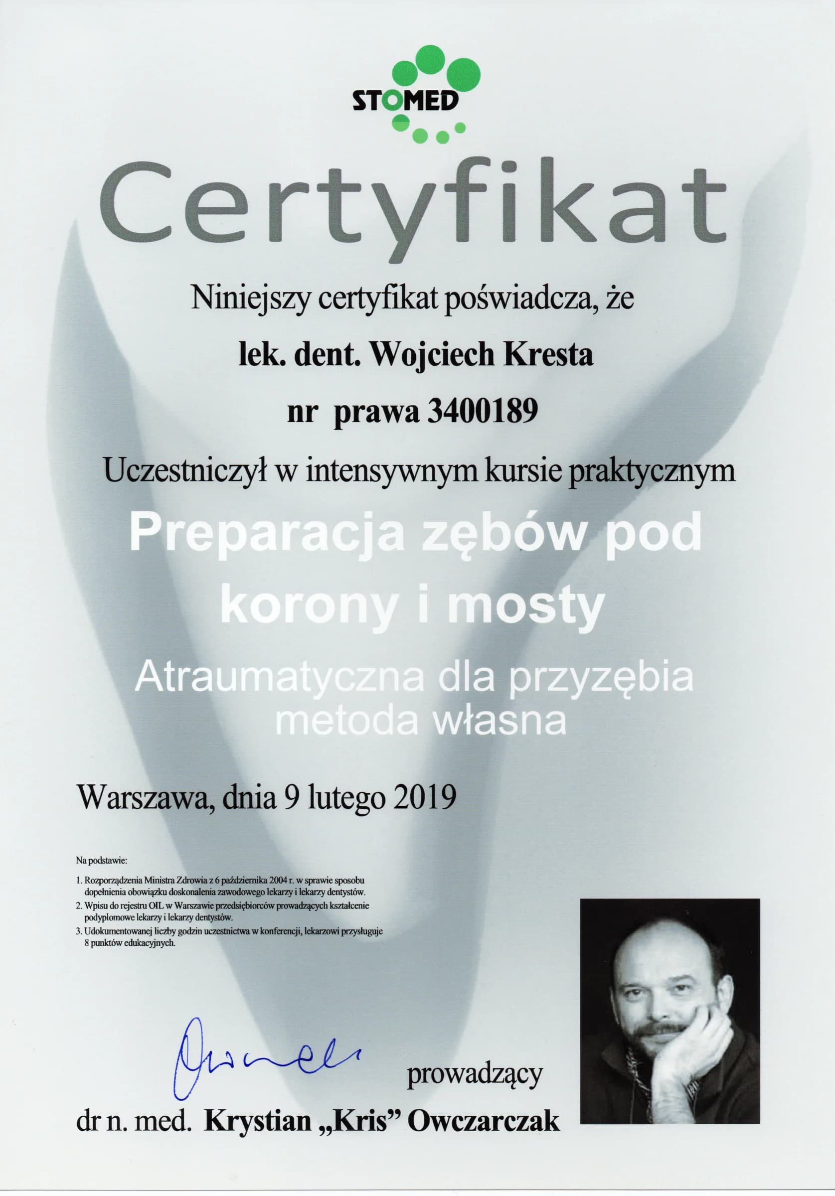 Certyfikat: preparacja zębów pod korony i mosty, 2019
