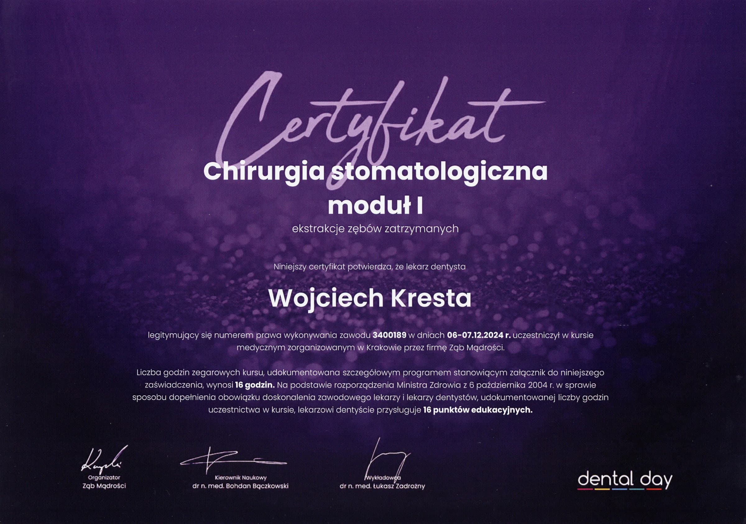 Certyfikat: chirurgia stomatologiczna, ekstrakcje zatrzymane, 2024