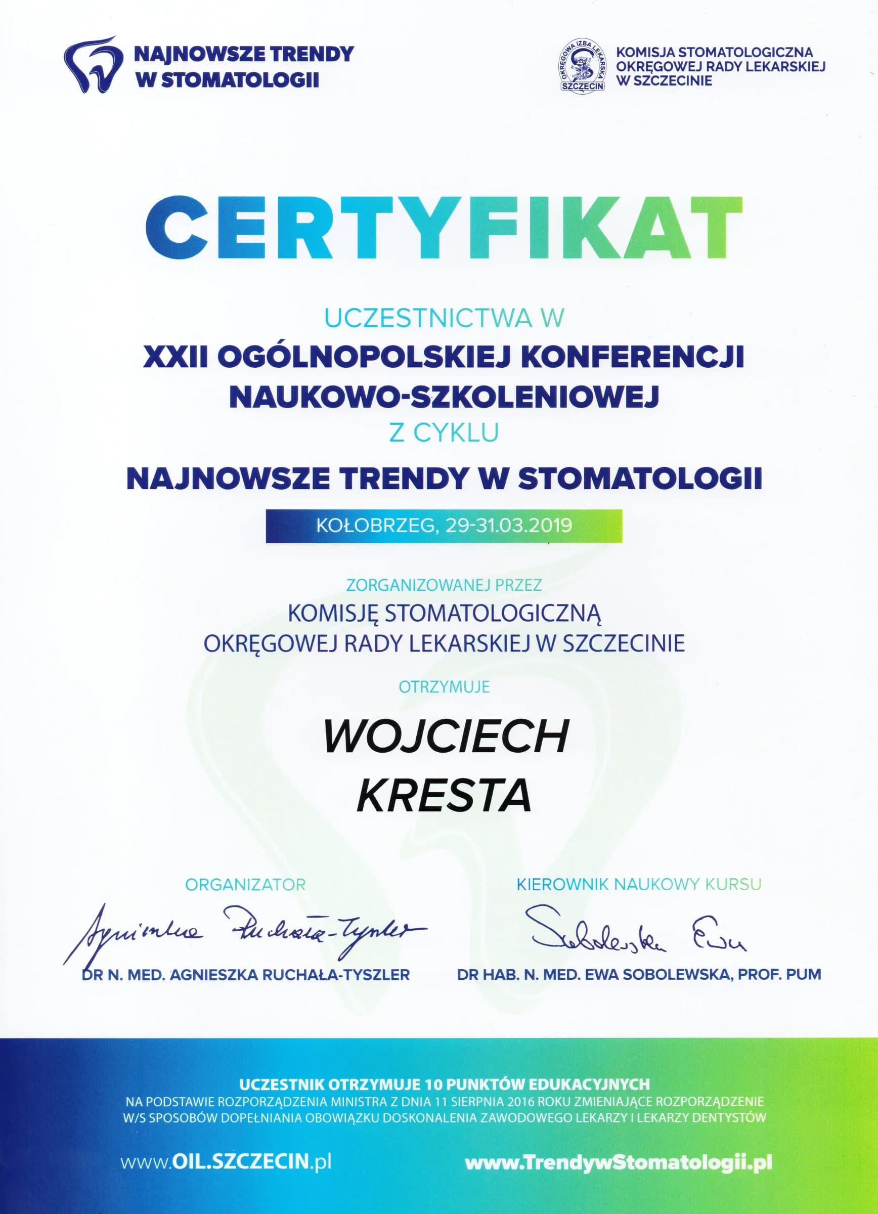 Certyfikat: Najnowsze Trendy w Stomatologii, 2019