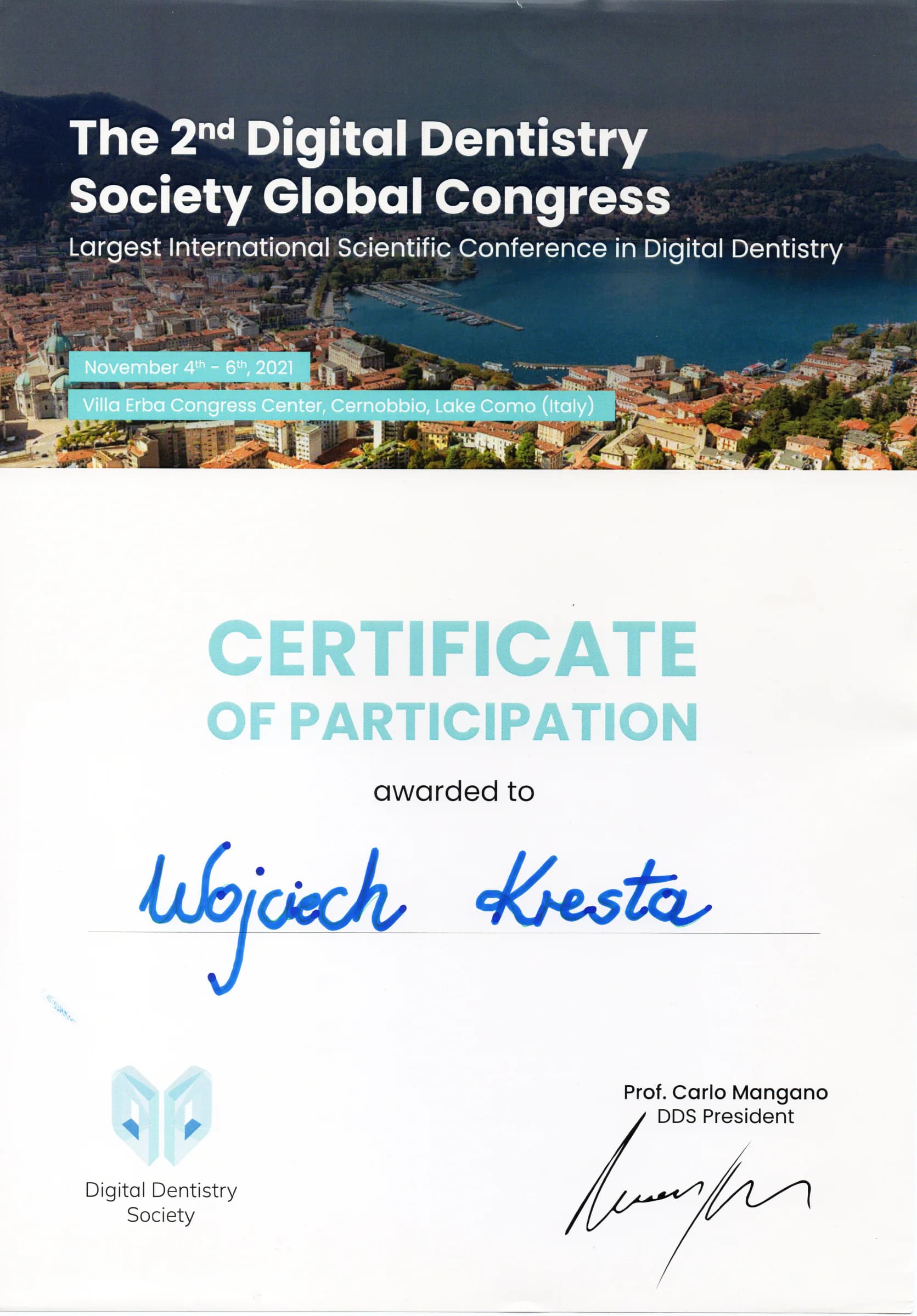 Certyfikat: Digital Dentistry Society Global Congress, 2021