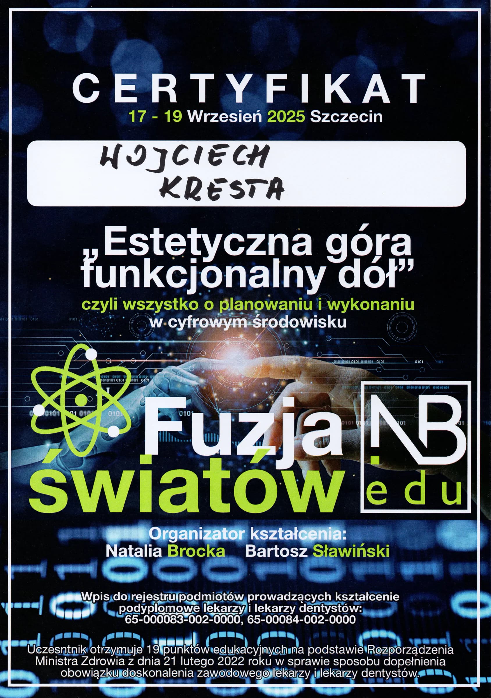 Certyfikat: konferencja „Fuzja światów”, planowanie cyfrowe, 2025